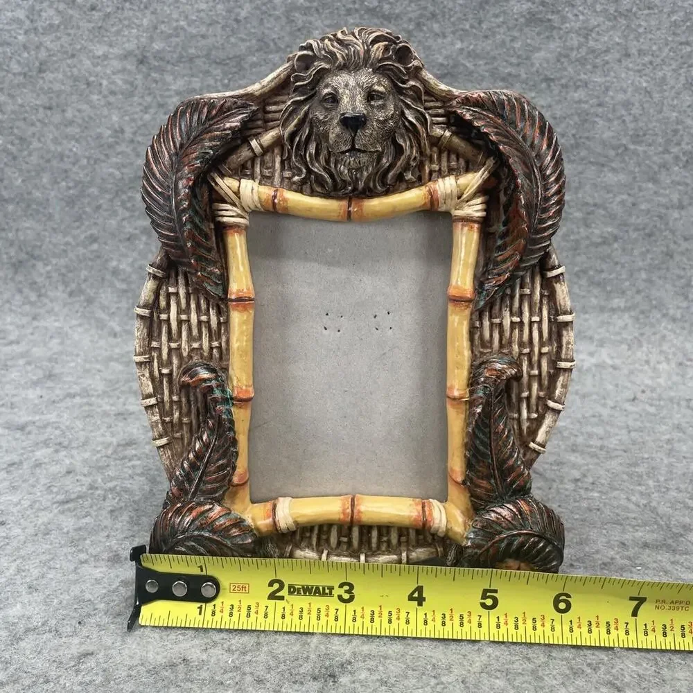 VTG Faux Bamboo Picture Frame Lion Head & Tropical Leaves 3 X 4 Photo‎ Tabletop